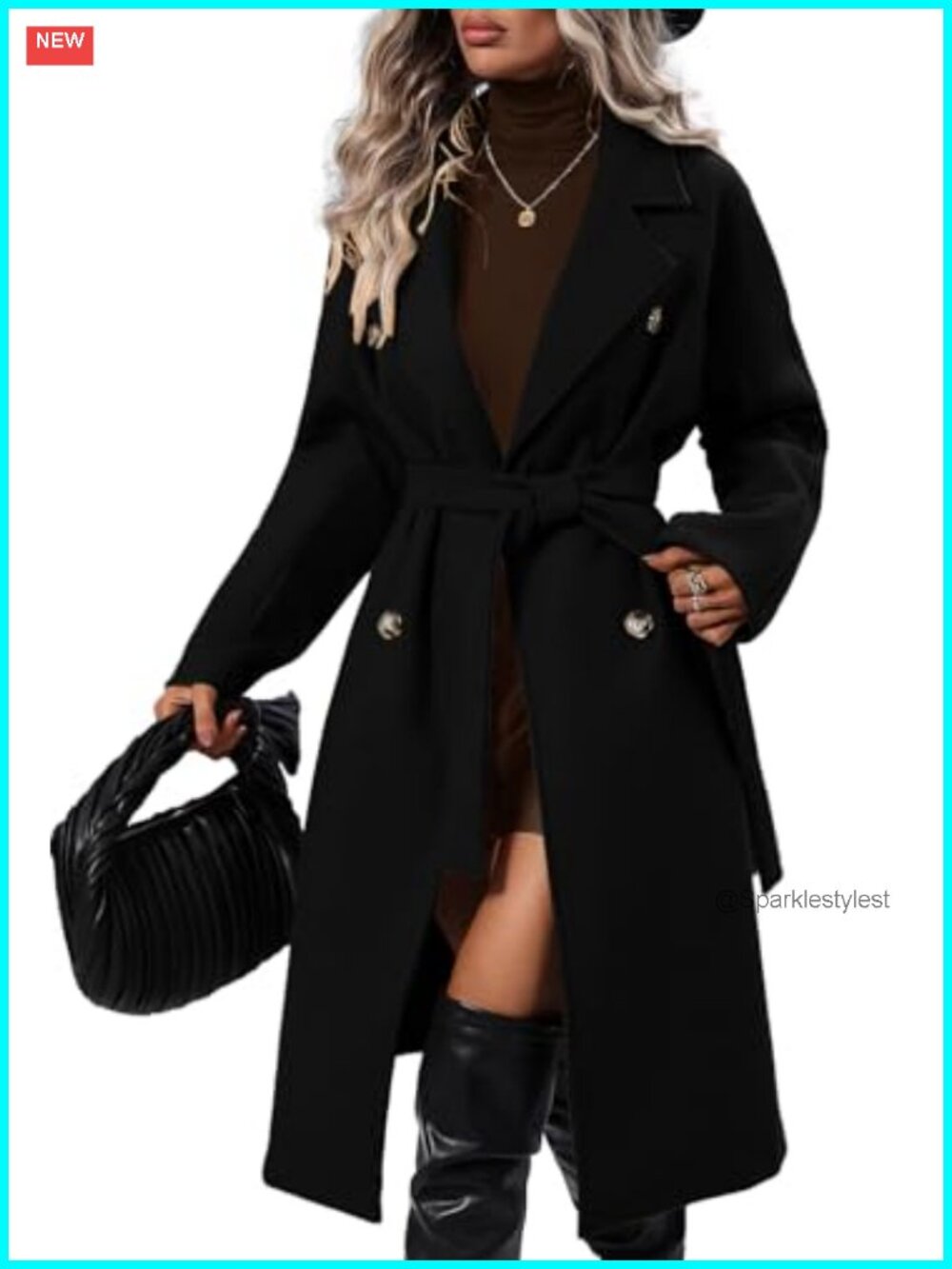 Women's Double Breasted Wool Blend Pea Coat Belted Long Sleeve Winter Overcoat
